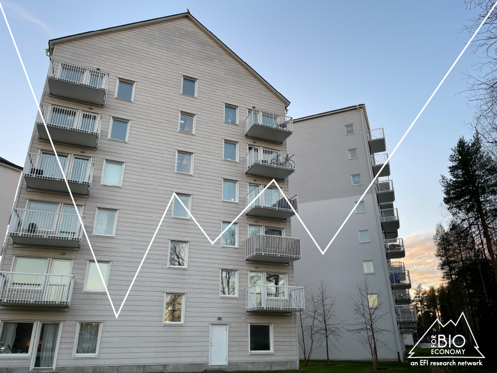 A white multi-family housing built in wood on Mariehem in Umeå. Two of three buildings, one 6 floors, the other 8. It holds 142 apartments in three buildings.